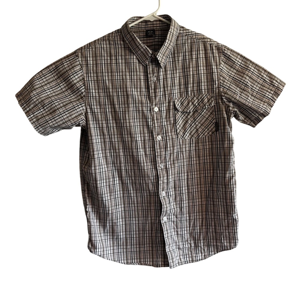 Oakley Mens Plaid Short Sleeve Button Up Shirt Tan Black White Medium Gorpcore